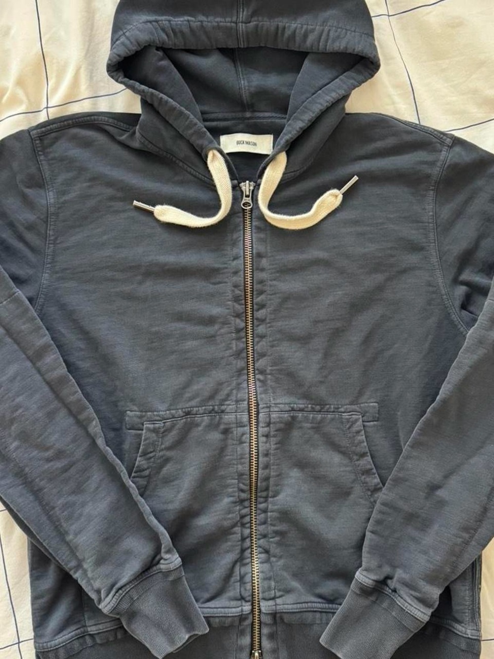 Buck Mason Large Navy Zip Hoodie Sweatshirt with Cream Drawcords